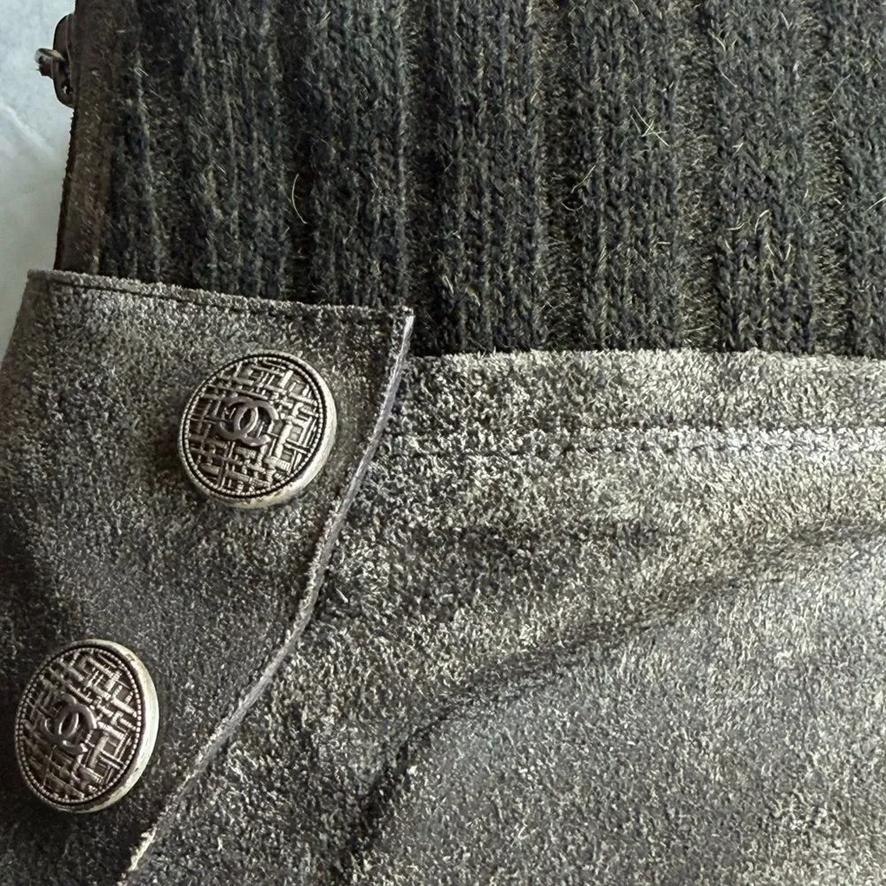 Chanel Women’s Gray Distressed Suede Leather Ankle Boots with CC Logo Buttons.